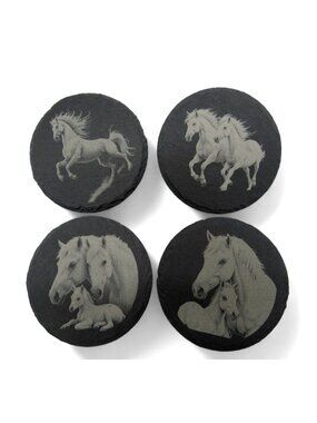 Slate Horse Coasters Engraved Round Rustic Decor Set of 4